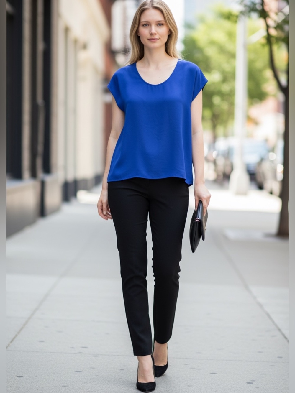 DIANE VON FURSTENBERG ROYAL BLUE SILKY SCOOP NECK DRESSY TOP BOXY LOOSE MEDIUM